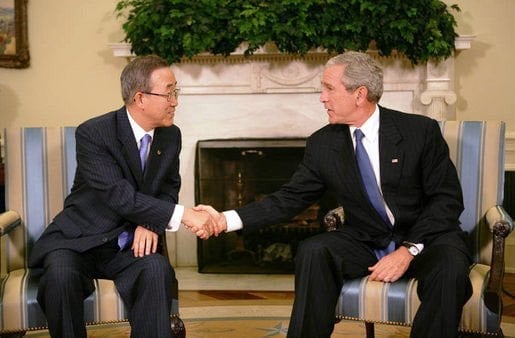 President Bush with UN Secretary-General Ban Ki-moon during a meeting in 2007