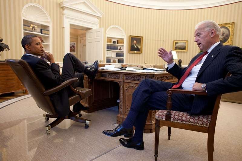 President Obama and Vice President Biden in the Oval Office, White House, during a discussion