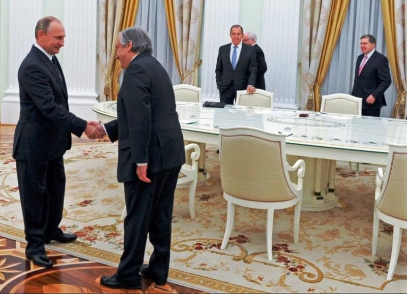 President of Russia Vladimir Putin meeting Guterres during a round table conference in Moscow