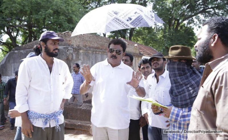 Priyadarshan (second from left) during the shoot of the Malayalam film titled 