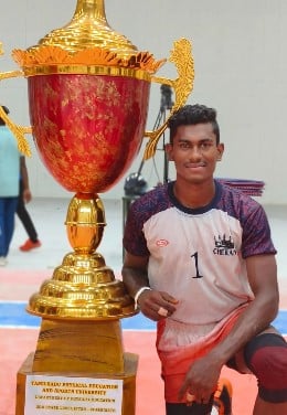 R Guhan posing after winning the Tamil Nadu Sports University Rolling Trophy Kabaddi championships