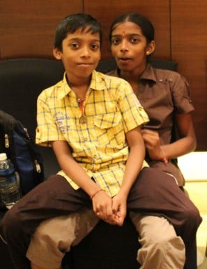 R Vaishali and her brother in after winning the World Youth Chess Championship in 2015
