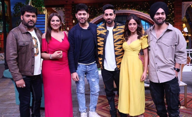 Raaj Shaandilyaa (third from left) with Kapil Sharma, Archana Puran Singh, Ayushmann Khurrana, Nushrratt Bharuccha, and Manjot Singh (left to right) during the promotion of the film, Dream Girl