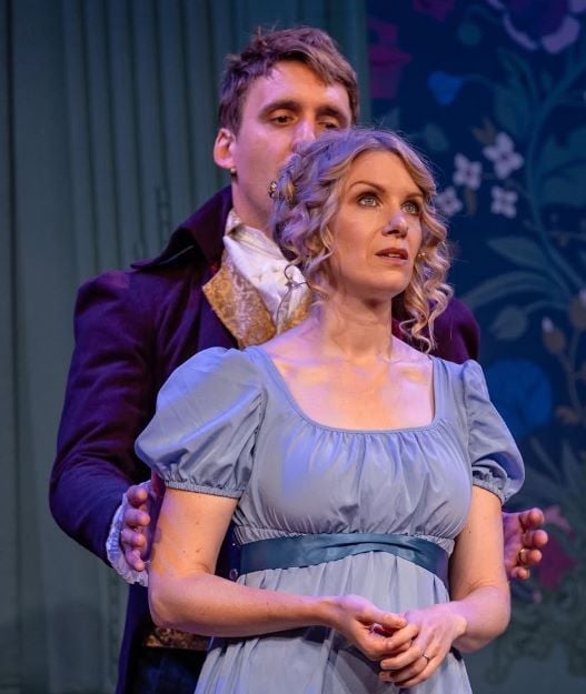 Rachel Parris on stage the improv comedy show, Austentatious- An Improvised Jane Austen Novel