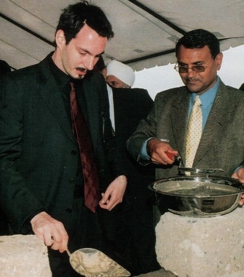 Rahim Al-Hussaini while laying the foundation stone for AllTex Ltd, a textile manufacturing joint venture between Industrial Promotion Services (IPS) and Readymade Garments Industry LLC of Qatar (2002)