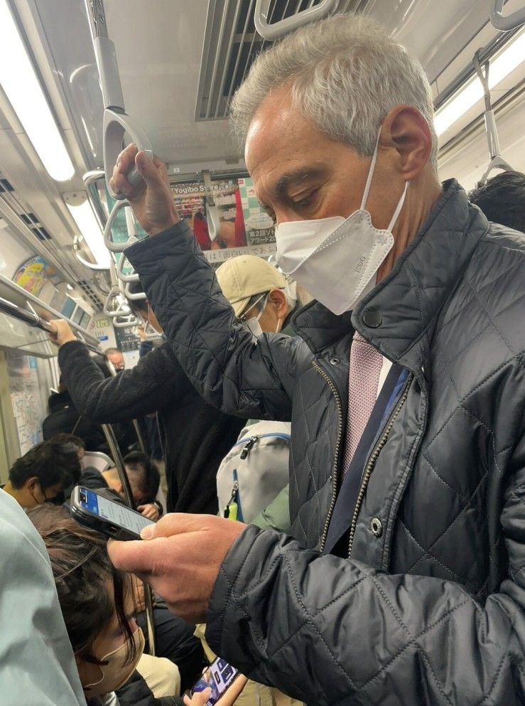 Rahm Emanuel, while travelling local Tokyo Metro train
