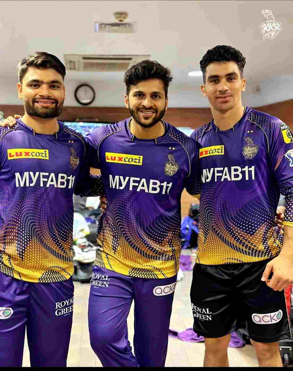 Rahmanullah Gurbaz with KKR teammates Shardul Thakur and Rinku Singh (right to left)