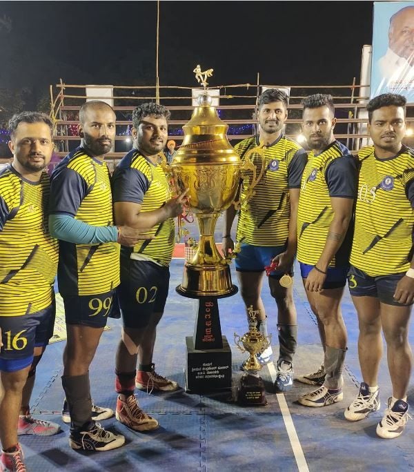 Rakshith (second from right) with his team after winning a state-level Kabaddi championship