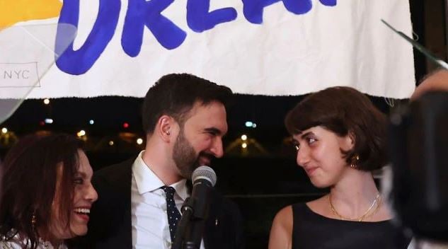 Rama Duwaji with Zohran Mamdani during his speech after winning the primary elections