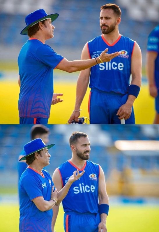 Ramandeep Singh with Sachin Tendulkar during a practice session