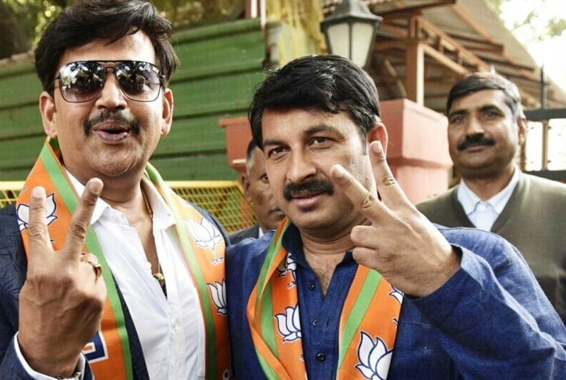 Ravi Kishan with Manoj Tiwari after joining the Bharatiya Janata Party (BJP)