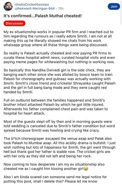 Reddit post alleging Nandika Dwivedi