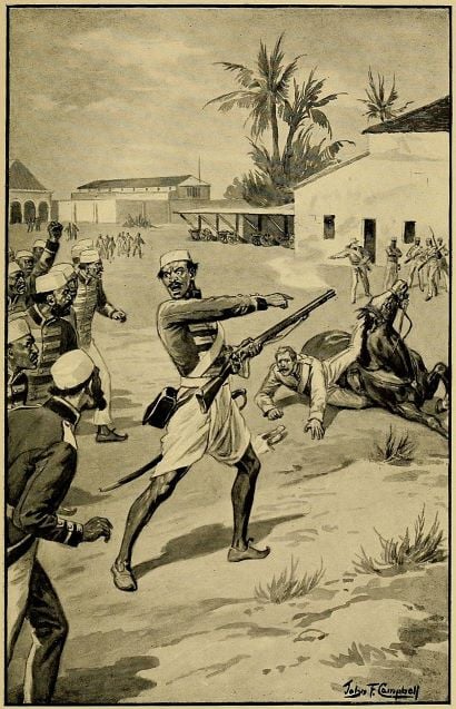 Representation of Mangal Pandey attacking a British lieutenant immediately before Shaikh Paltu