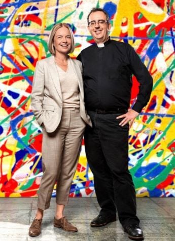 Reverend Richard Coles with co-host Mariella Frostrup in the programme The Big Painting Challenge
