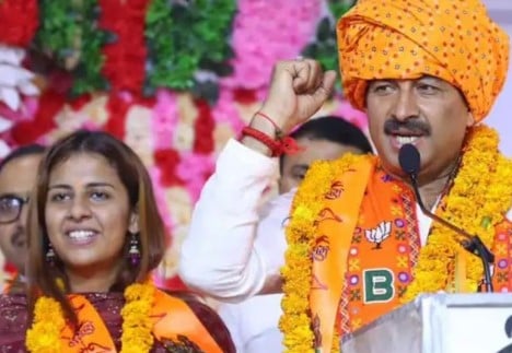 Rhiti Tiwari with her father after joining BJP in New Delhi