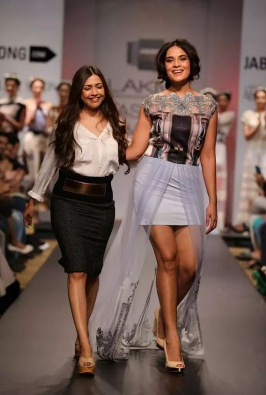 Richa Chadha, along with designer Sounia Gohil, while walking the ramp at the 2014 Lakmé Fashion Week