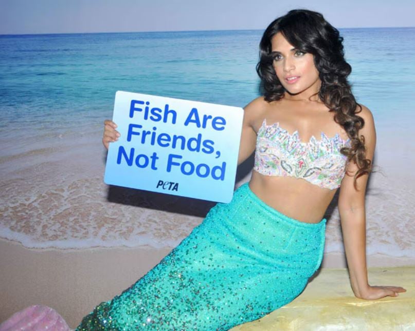 Richa Chadha while posing as a mermaid for People for the Ethical Treatment of Animals (PETA) ad campaign