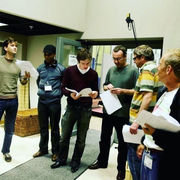 Richard Madden (third from the left) while reading the script of BBC Radio 4