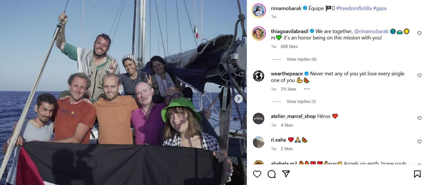 Rima Hassan (centre, standing) on the 2025 Gaza Freedom Flotilla, joined by fellow activists