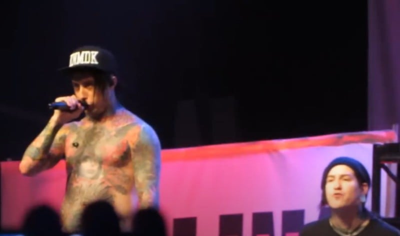 Ronnie Radke (left) performing with Craig Mabbitt during the Bury the Hatchet tour