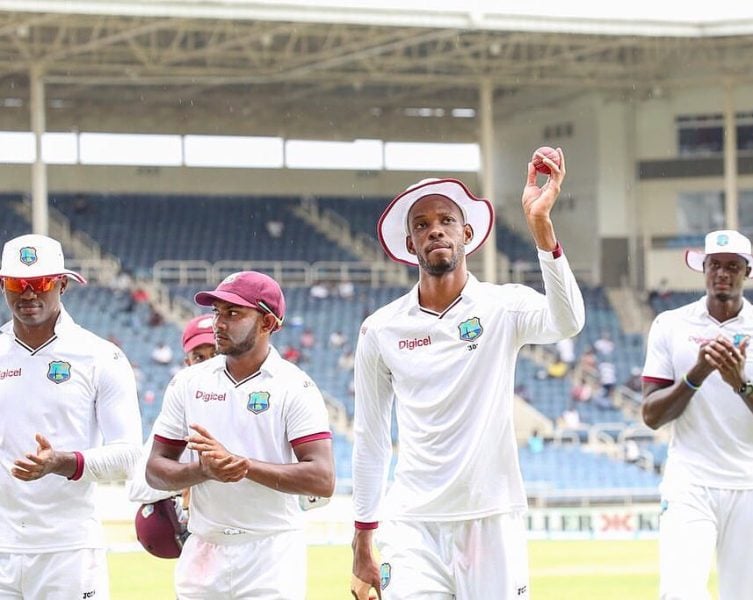 Roston Chase celebrating his first five wicket haul in the test match against India