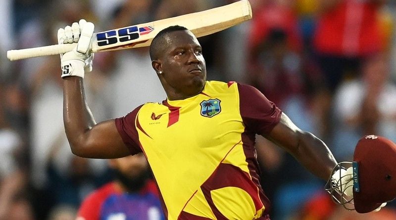 Rovman Powell waving his bat after hitting his first T20I hundred