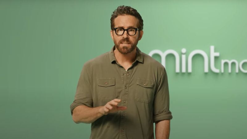 Ryan Reynolds in a commercial for his mobile virtual network operator company named 