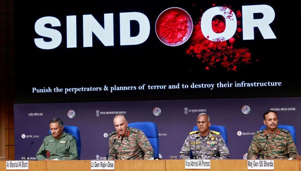 SS Sharda with DGMOs of three branches of Indian Armed Forces during the press conference about Operation Sindoor