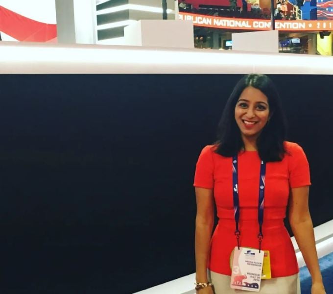 Sabrina Siddiqui at the Republican National Convention (RNC) as a political reporter for The Guardian