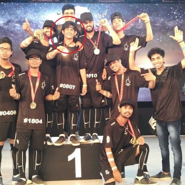 Sachin Sharma (in red circle) with his team after winning the Indian Hip Hop Dance Championship (2016)