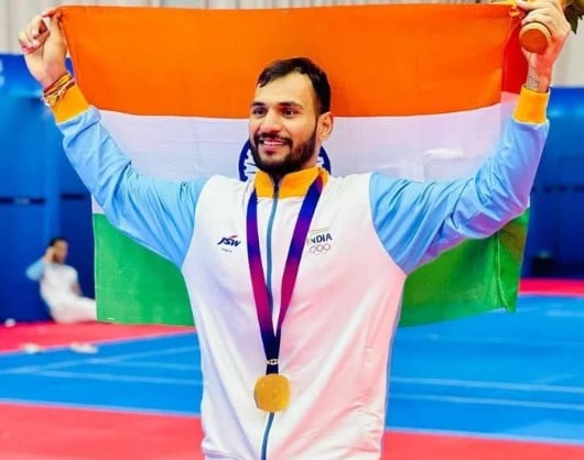 Sachin Tanwar after winning gold at the 2022 Asian Games organised in Hangzhou, China (2023)