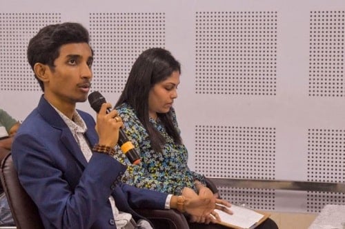 Sagar Mondal giving speech at a college