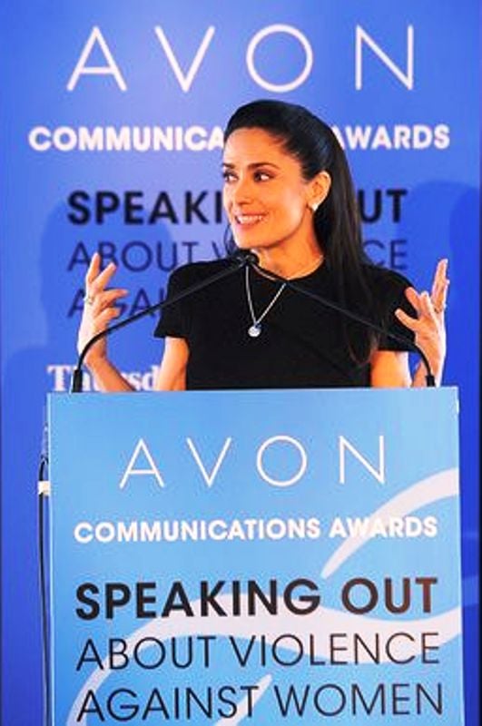 Salma Hayek at the UN presenting the 2nd Avon Communications Awards, recognizing global efforts to end violence against women