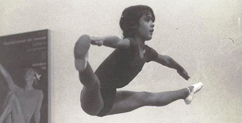 Salma Hayek performing a gymnastic move