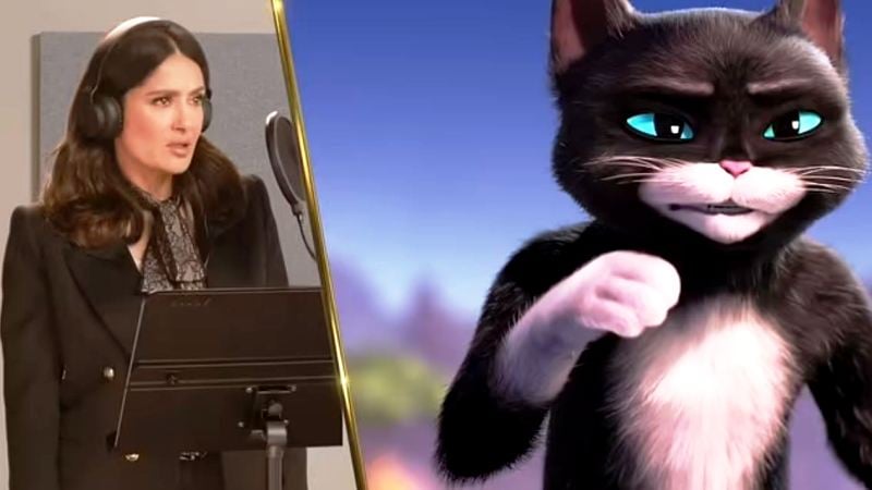 Salma Hayek voicing the character Kitty Softpaws for the film 
