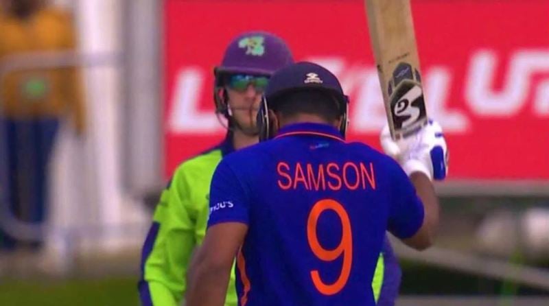 Sanju Samson celebrating his half-century against Ireland