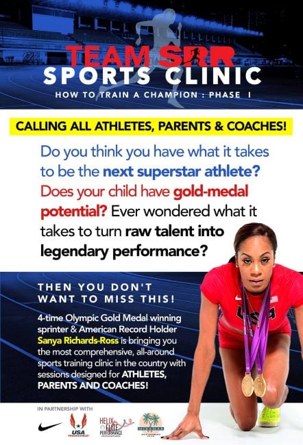 Sanya Richards-Ross on a poster of Team Sanya Richards-Ross Sports Clinic