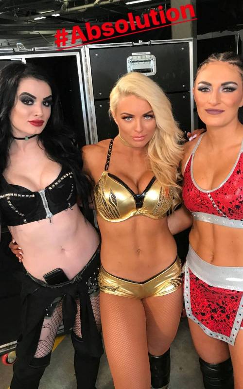 Saraya Bevis aka Paige, Mandy Rose, and Sonya Deville (left to right)