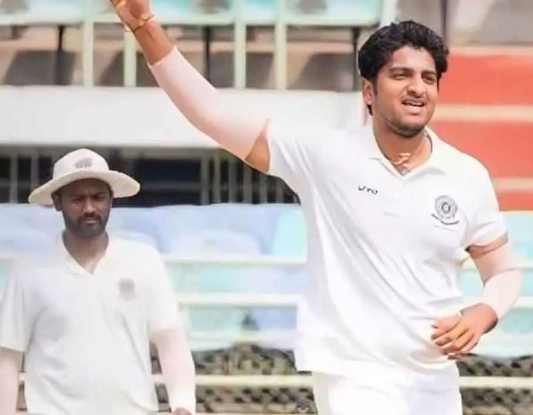 Satyanarayana Raju celebrating after taking a wicket during a domestic cricket match