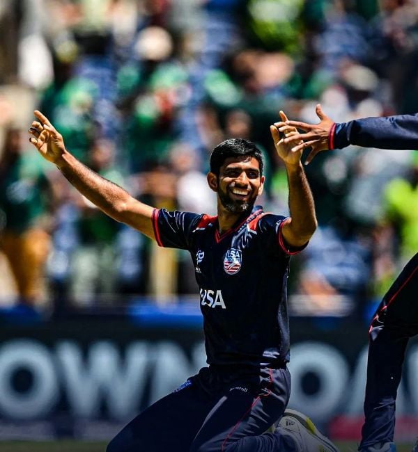 Saurabh Netravalkar celebrating after taking a wicket against Pakistan in the match
