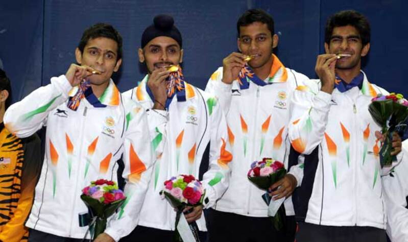 Saurav Ghosal, Harinder Pal Singh Sandhu, Mahesh Mangaonkar, and Kush Kumar at the 2014 Asian Games