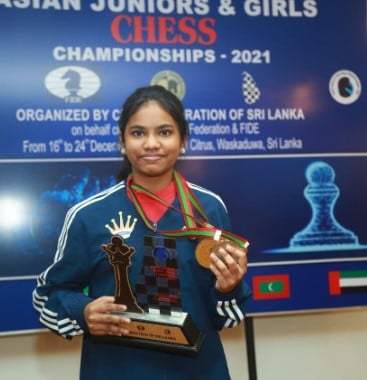 Savitha Shri B posing with her bronze medal after winning FIDE World Rapid Chess Championships (2021)