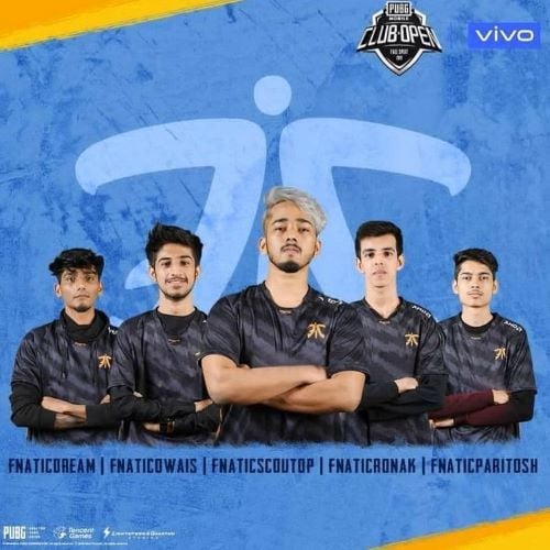 Scout (centre) with his team on the poster of a PUBG competition