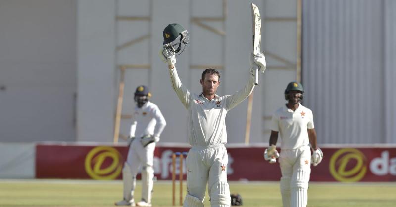 Sean Williams celebrating after scoring a century in a test match against Sri Lanka