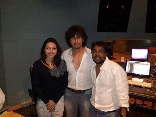 Shabbir Ahmed with Sonu Nigam while working on a Bollywood song