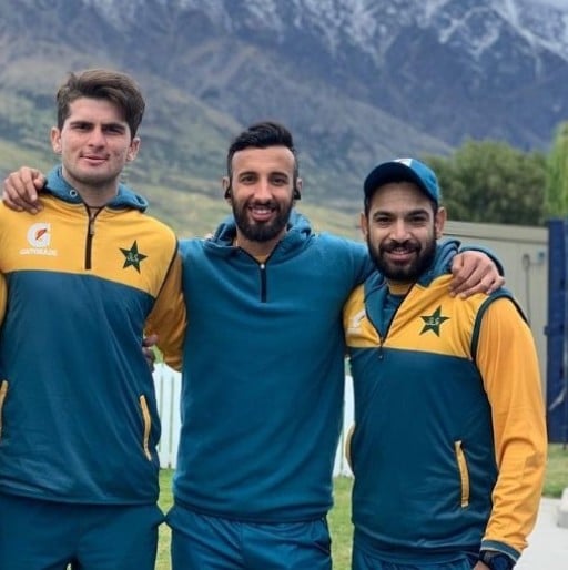 Shaheen Afridi, Shan Masood, and Haris Rauf (L-R) during a T20I series