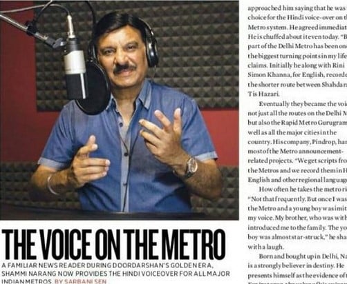 Shammi Narang featured in a magazine article as the voice of Delhi Metro