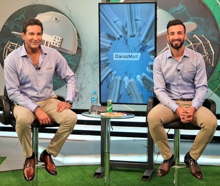 Shan Masood with Wasim Akram (left) during a cricket discussion show