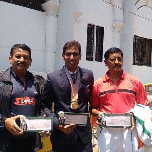 Sharath Kamal with his father (right) and his uncle, Muralidhar Rao (left)