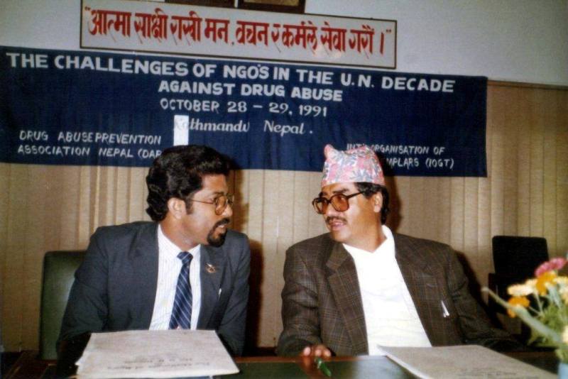 Sher Bahadur Deuba (right) during a campaign against Drug Abuse